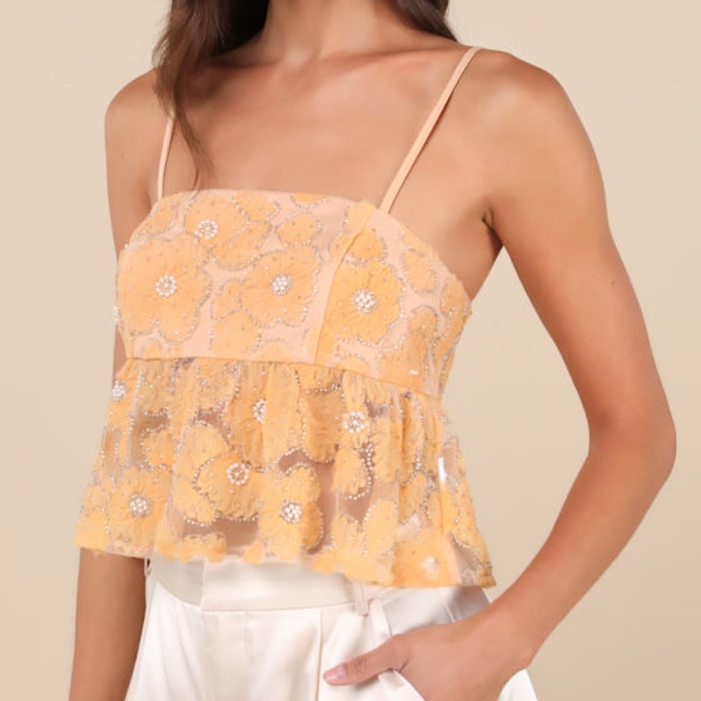 Lulus Ideal Attitude Yellow Applique Beaded Floral Cropped Tank Top - Size M